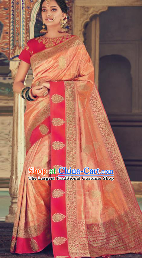 Indian Traditional Festival Light Pink Silk Sari Dress Asian India National Court Bollywood Costumes for Women
