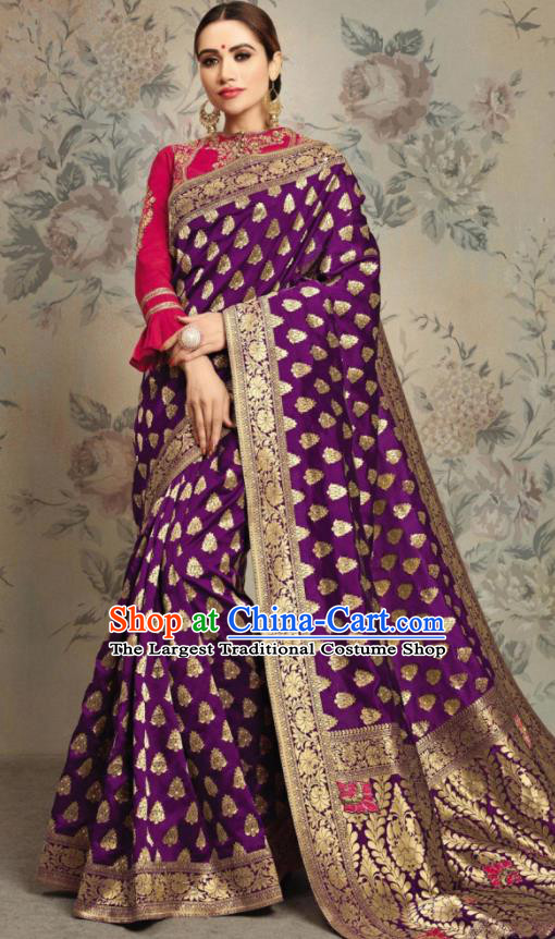 Indian Traditional Festival Jacquard Purple Sari Dress Asian India National Court Bollywood Costumes for Women