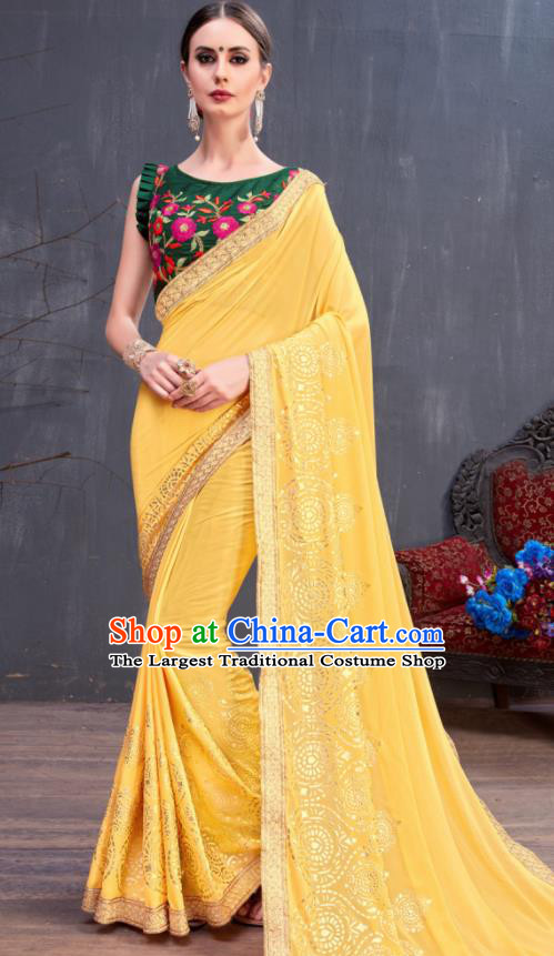 Indian Traditional Festival Yellow Georgette Sari Dress Asian India National Court Bollywood Costumes for Women