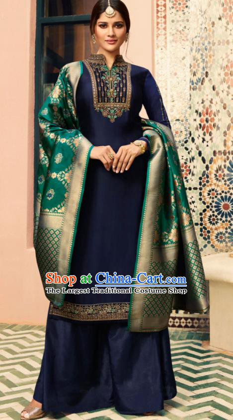 Indian Traditional Embroidered Navy Satin Blouse and Loose Pants India Punjabis Lehenga Choli Costumes Complete Set for Women