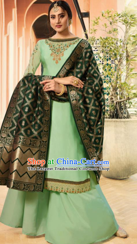 Indian Traditional Embroidered Light Green Satin Blouse and Loose Pants India Punjabis Lehenga Choli Costumes Complete Set for Women
