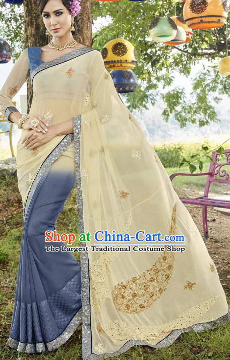 Traditional Indian Embroidered Beige and Blue Georgette Sari Dress Asian India National Bollywood Costumes for Women