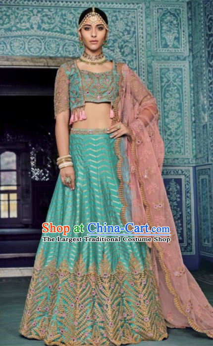 Traditional Indian Embroidered Lehenga Light Blue Silk Dress Asian India National Bollywood Costumes for Women