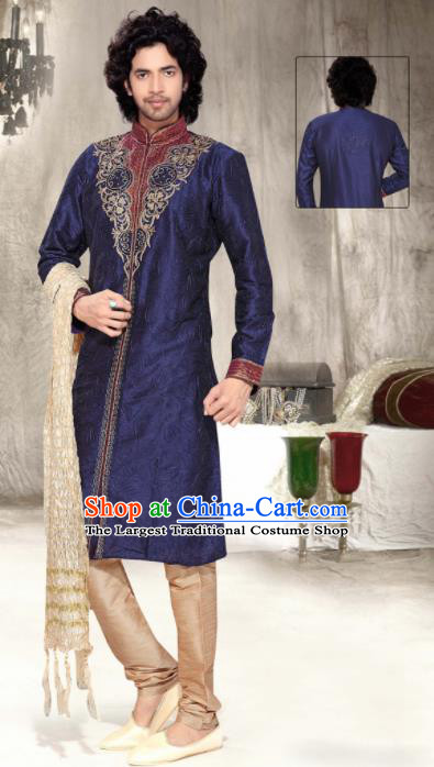 Asian Indian Sherwani Embroidered Deep Blue Clothing India Traditional Wedding Bridegroom Costumes Complete Set for Men