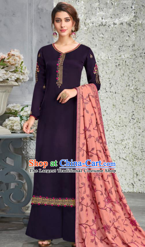 Traditional Indian Lehenga Embroidered Purple Blouse and Pants Asian India Punjab National Costumes for Women