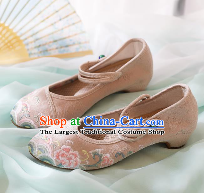 Chinese National Embroidered Peony Beige Shoes Traditional Hanfu Shoes Opera Shoes Wedding Bride Shoes for Women