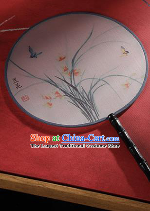 Chinese Traditional Printing Orchid Round Fans Hanfu Silk Palace Fan for Women
