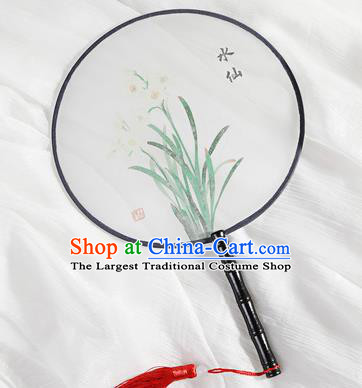 Chinese Traditional Printing Daffodil Round Fans Hanfu Silk Palace Fan for Women