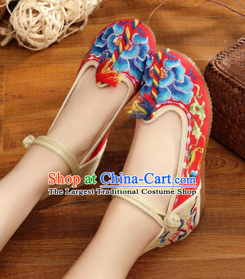 Traditional Chinese Old Beijing Embroidery Peony Red Shoes National Embroidered Shoes Hanfu Shoes for Women