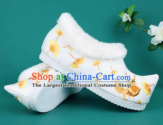 Chinese Traditional Winter Embroidered Ginkgo Squirrel White Shoes Hanfu Shoes Princess Shoes for Women
