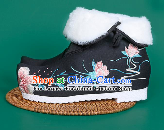 Chinese Traditional Embroidered Boots Hanfu Shoes Black Cloth Boots for Women