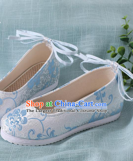 Chinese Handmade Light Blue Brocade Shoes Traditional Ming Dynasty Hanfu Shoes Princess Shoes for Women