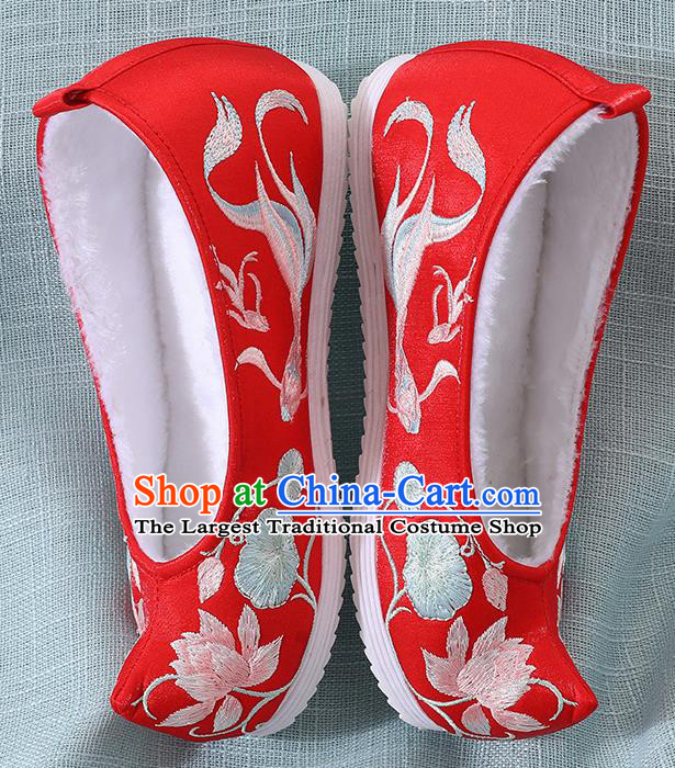 Chinese Handmade Embroidered Lotus Goldfish Red Shoes Traditional Ming Dynasty Hanfu Shoes Princess Shoes for Women