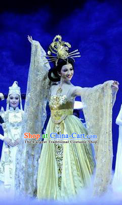 Chinese Chuansi Gongzhu Classical Dance Golden Dress Stage Performance Dance Costume and Headpiece for Women