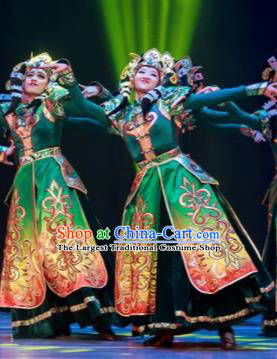 Dance Between Heaven and Earth Chinese Mongol Nationality Green Dress Stage Performance Dance Costume and Headpiece for Women