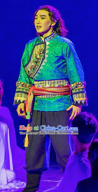Walking Marriage Chinese Mosuo Nationality Green Clothing Stage Performance Dance Costume for Men