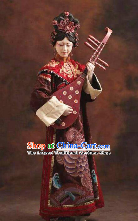 Chinese Pingtan Impression Ancient Qing Dynasty Purplish Red Dress Stage Performance Dance Costume and Headpiece for Women