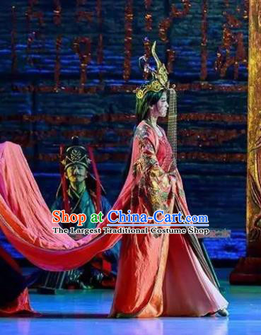 Chinese Lady Zhaojun Ancient Royal Princess Red Dress Stage Performance Dance Costume and Headpiece for Women