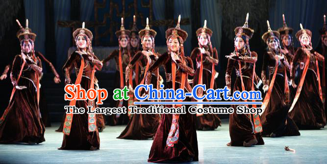 Chinese Lady Zhaojun Mongol Nationality Dance Dress Stage Performance Dance Costume and Headpiece for Women