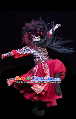 The Greatest Spirit Chinese Peking Opera Takefu Red Clothing Stage Performance Dance Costume and Headpiece for Men