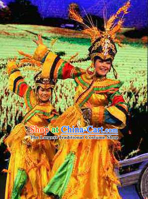Rainbow Tribe Chinese Tu Minority Yellow Dress Stage Performance Dance Costume and Headpiece for Women
