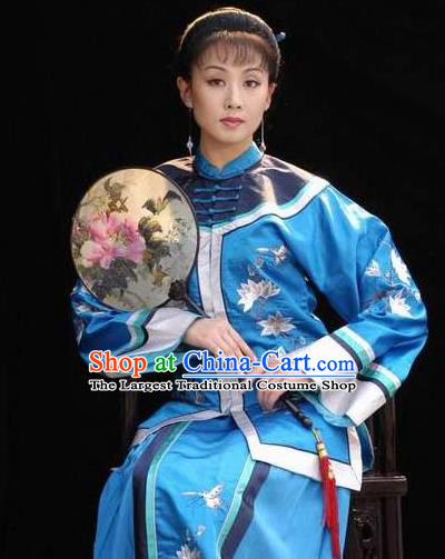 Huizhou Beauty Chinese Huangmei Opera Blue Dress Stage Performance Dance Costume and Headpiece for Women