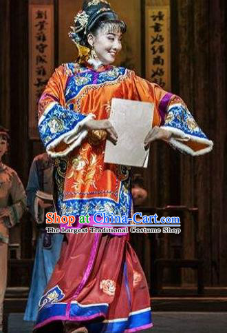 Huizhou Beauty Chinese Huangmei Opera Orange Dress Stage Performance Dance Costume and Headpiece for Women