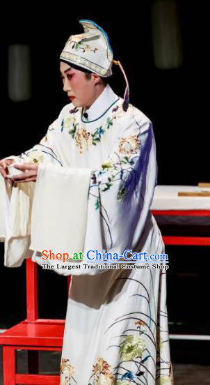 Sansheng Dream Chinese Cantonese Opera Scholar White Clothing Stage Performance Dance Costume and Headpiece for Men