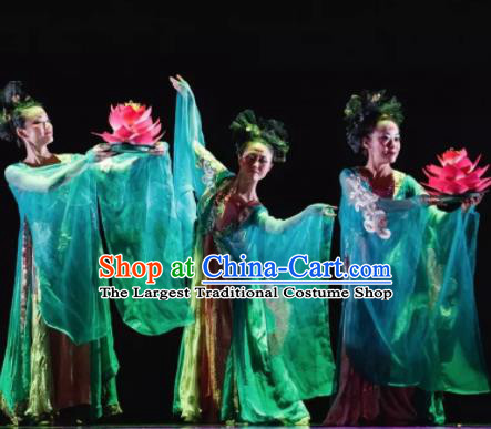 Dunhuang Reflections Chinese Classical Dance Green Dress Stage Performance Dance Costume and Headpiece for Women