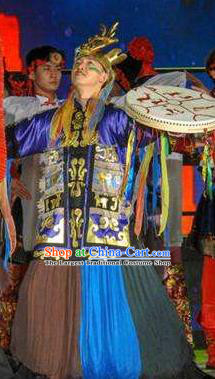 Mu Lan Qiu Xian Ceremony Chinese Mongol Nationality Dance Clothing Stage Performance Dance Costume and Headpiece for Men