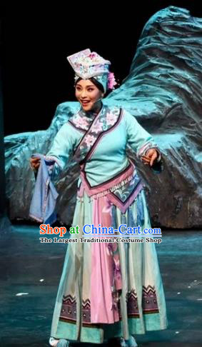 Drama Qian Yun Cliff Chinese Zhuang Nationality Blue Dress Stage Performance Dance Costume and Headpiece for Women
