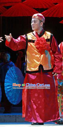 Shi Niang Chinese Ancient Bridegroom Clothing Stage Performance Dance Costume and Headpiece for Men