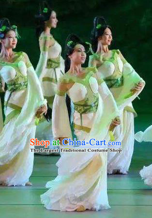 Chinese Orphan Classical Dance Green Dress Stage Performance Dance Costume and Headpiece for Women