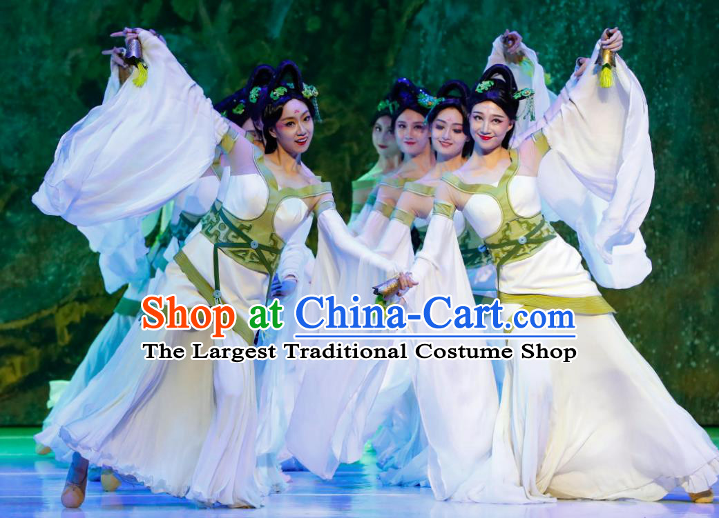 Chinese Orphan Classical Dance Green Dress Stage Performance Dance Costume and Headpiece for Women