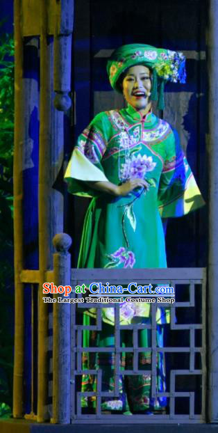 Hometown of Dragon Boat Tune Chinese Tujia Nationality Dance Green Dress Stage Performance Dance Costume and Headpiece for Women