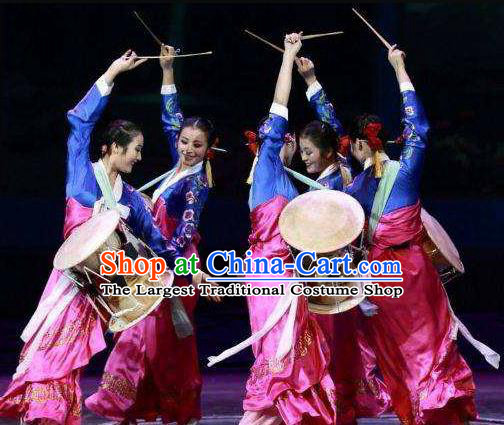 Chinese Korean Nationality Dance Rosy Dress Stage Performance Costume and Headpiece for Women