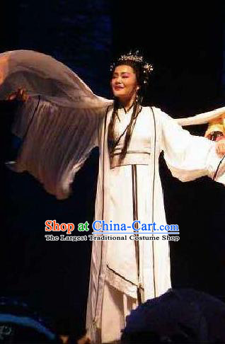Cai Wenji Chinese Opera Ancient Poetess White Dress Stage Performance Dance Costume and Headpiece for Women