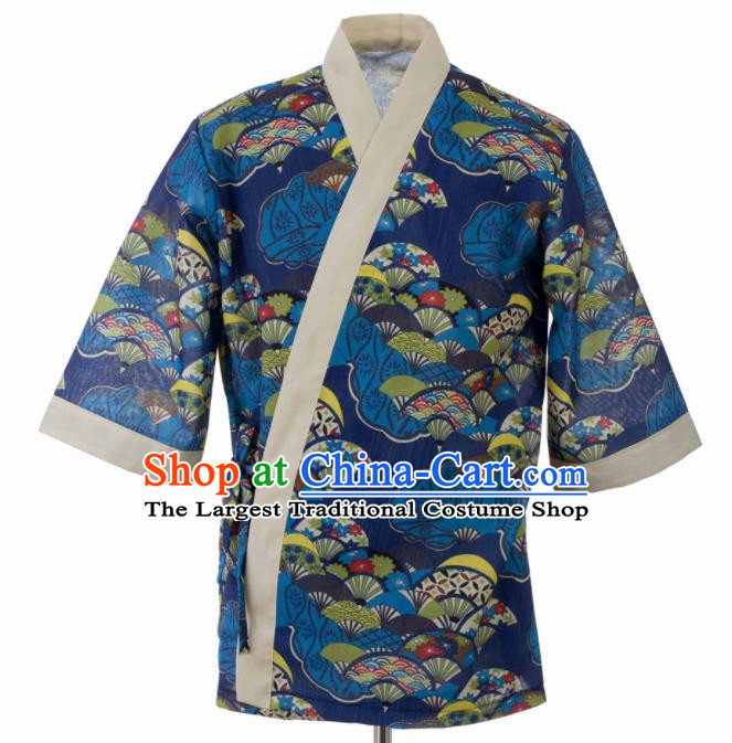 Traditional Japanese Printing Fans Navy Yamato Shirt Kimono Asian Japan Costume for Men