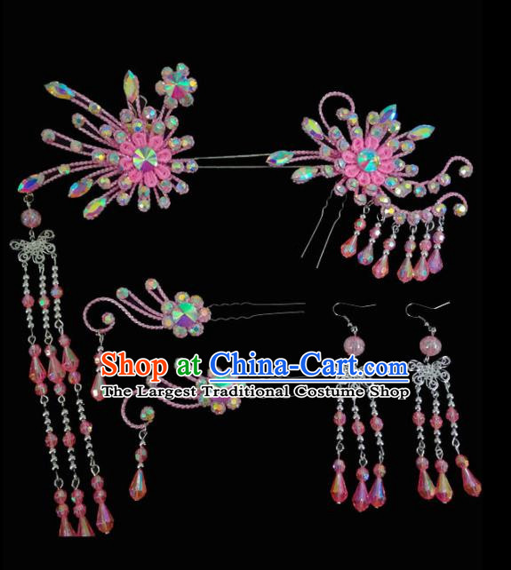 Chinese Traditional Beijing Opera Hair Accessories Peking Opera Diva Pink Flower Hairpins Complete Set for Adults