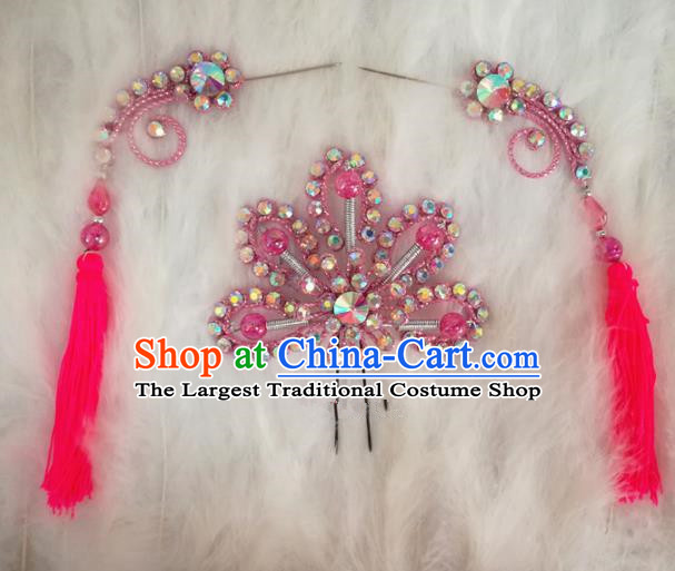 Chinese Traditional Beijing Opera Hair Accessories Peking Opera Rosy Flower Hairpins Tassel Step Shake for Adults