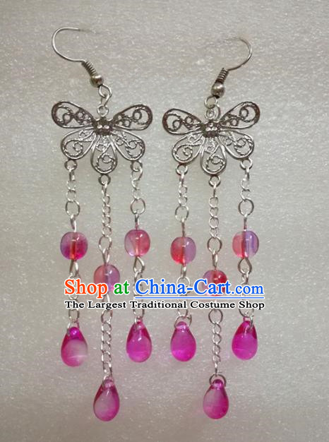 Chinese Traditional Beijing Opera Accessories Peking Opera Rosy Beads Tassel Butterfly Earrings for Adults