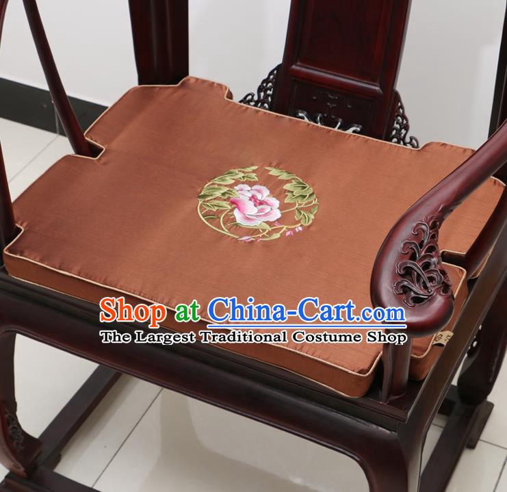 Chinese Classical Household Ornament Armchair Cushion Cover Traditional Embroidered Peony Brown Brocade Mat Cover