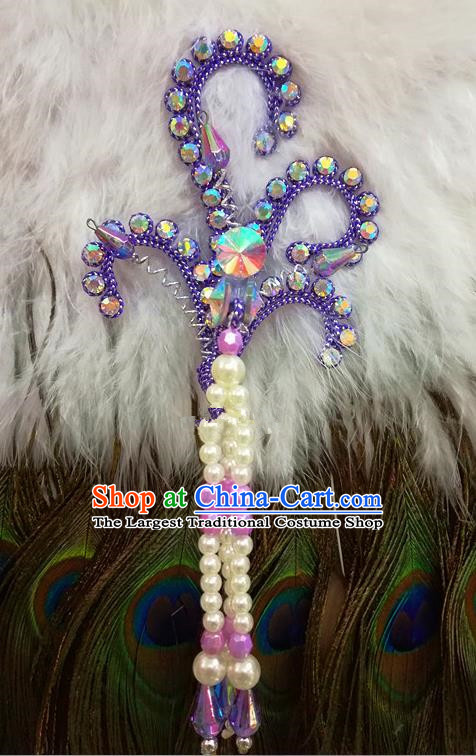 Chinese Traditional Beijing Opera Hair Accessories Peking Opera Beads Tassel Purple Phoenix Hairpins for Adults