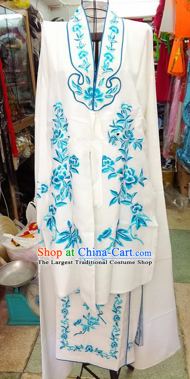 Chinese Traditional Beijing Opera Tsingyi Costume Peking Opera Actress Embroidered Peony White Dress for Adults