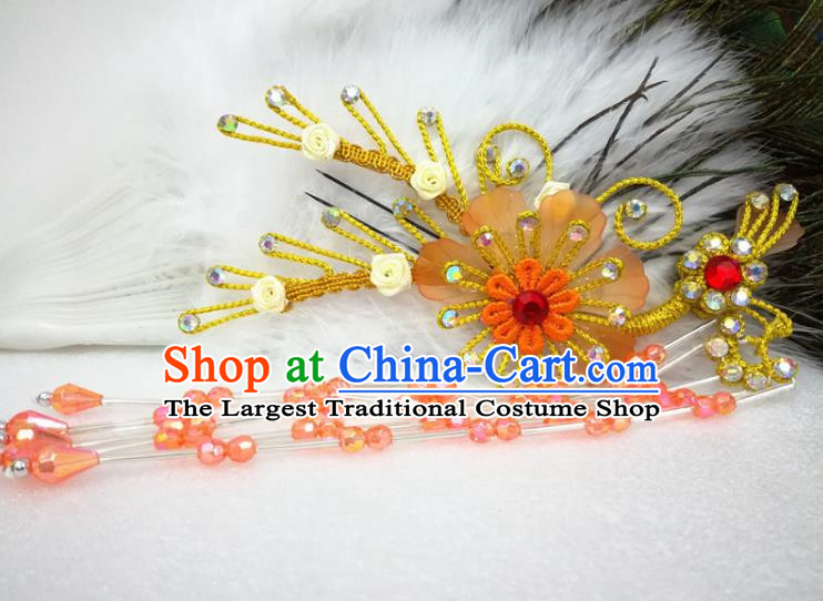 Chinese Traditional Beijing Opera Actress Orange Flower Hairpins Hair Accessories for Adults