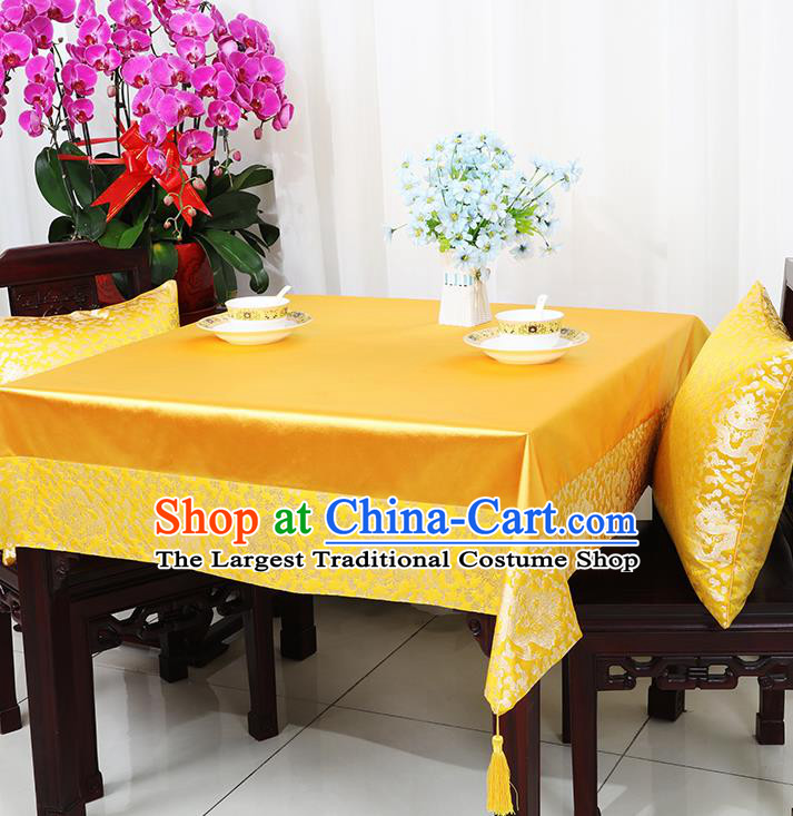 Chinese Traditional Dragons Pattern Golden Brocade Table Cloth Classical Satin Household Ornament Desk Cover