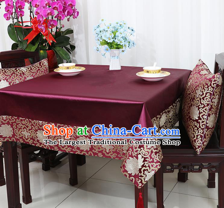 Chinese Traditional Lotus Pattern Purple Brocade Table Cloth Classical Satin Household Ornament Desk Cover