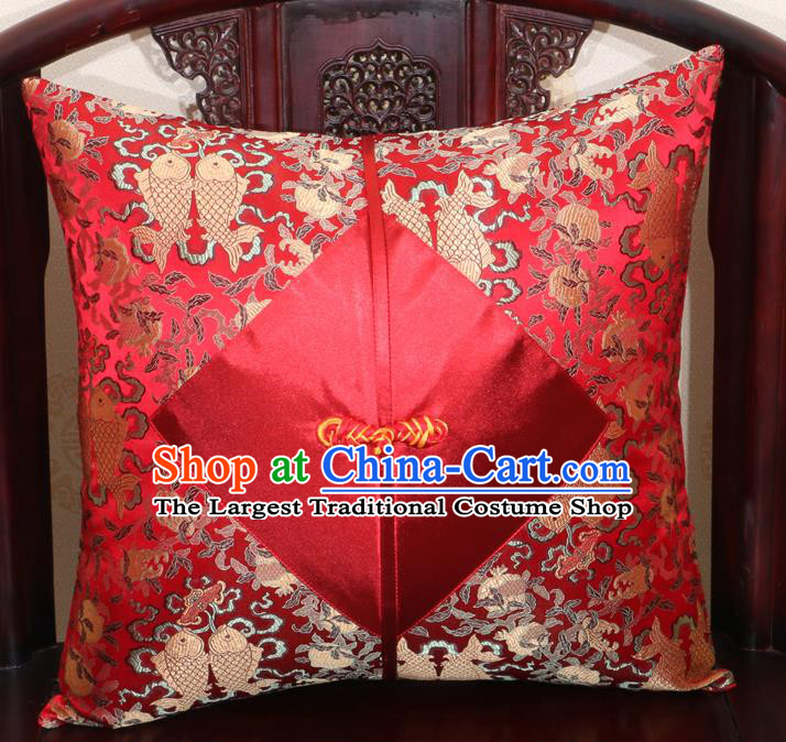 Chinese Classical Fishes Pattern Red Brocade Pipa Button Back Cushion Cover Traditional Household Ornament