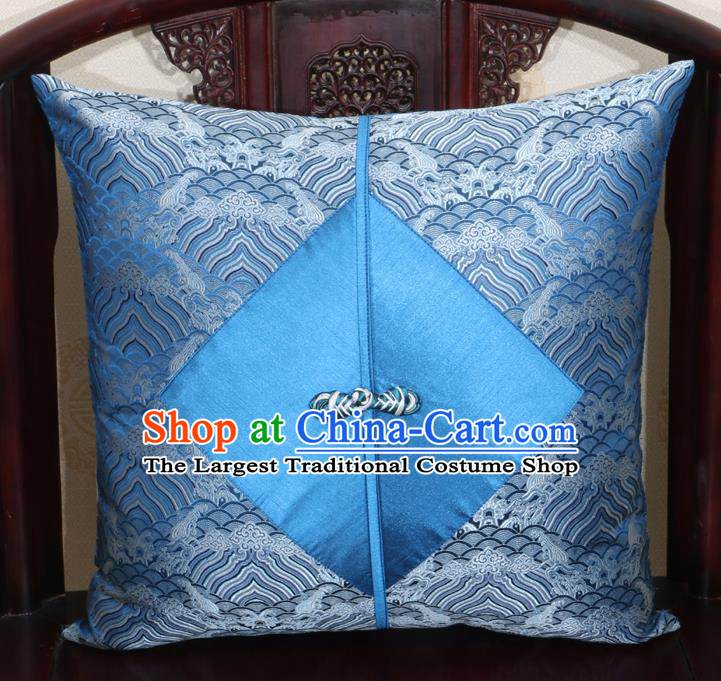 Chinese Classical Wave Pattern Blue Brocade Pipa Button Back Cushion Cover Traditional Household Ornament
