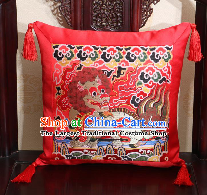 Chinese Classical Kylin Pattern Red Brocade Square Cushion Cover Traditional Household Ornament